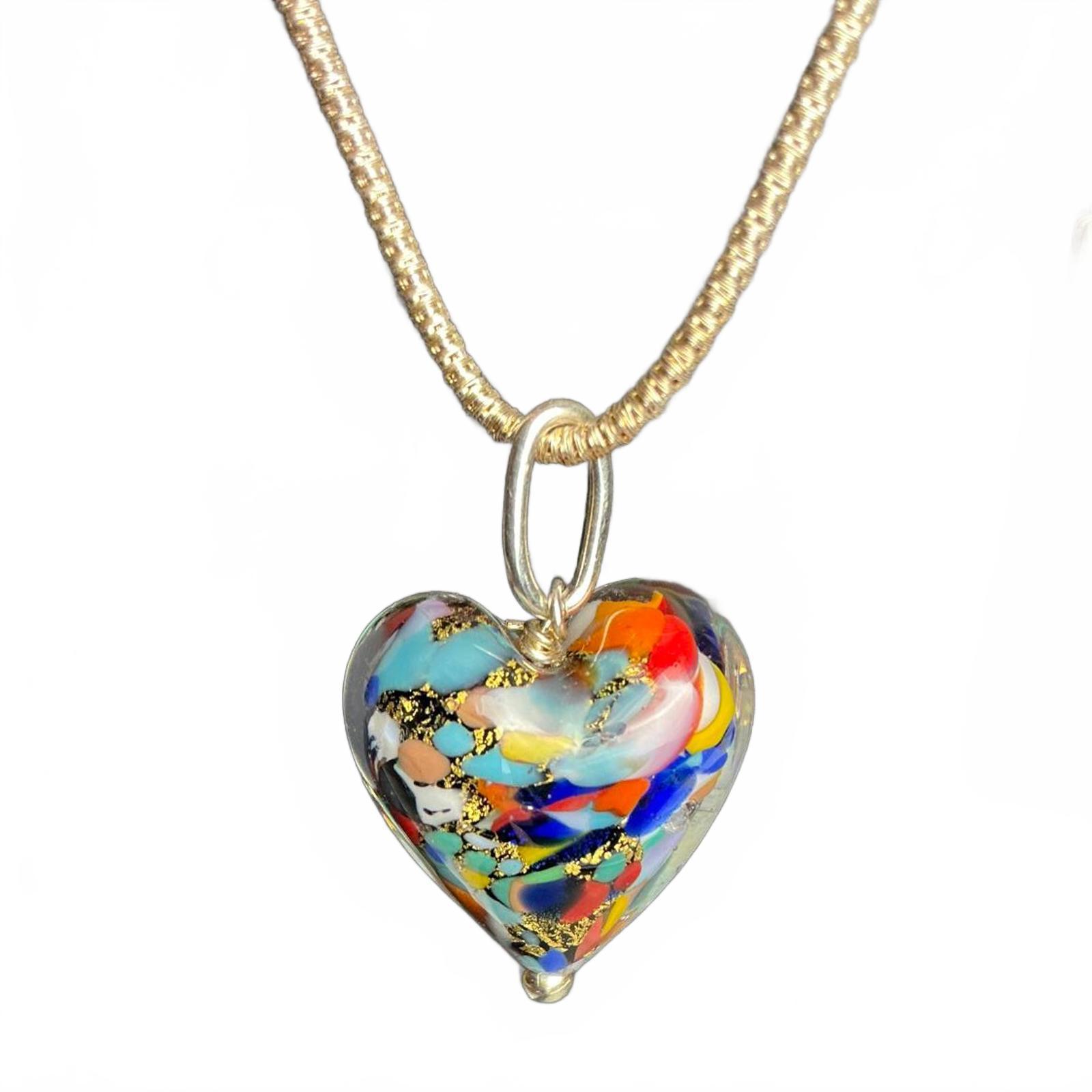 Designer Murano Glass Heart Pendant Necklace Gold / Sterling Silver New W/ Tags